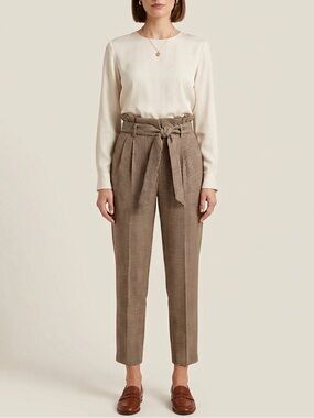 High Waist Paperbag Herringbone Trousers Brown Black Work Pants